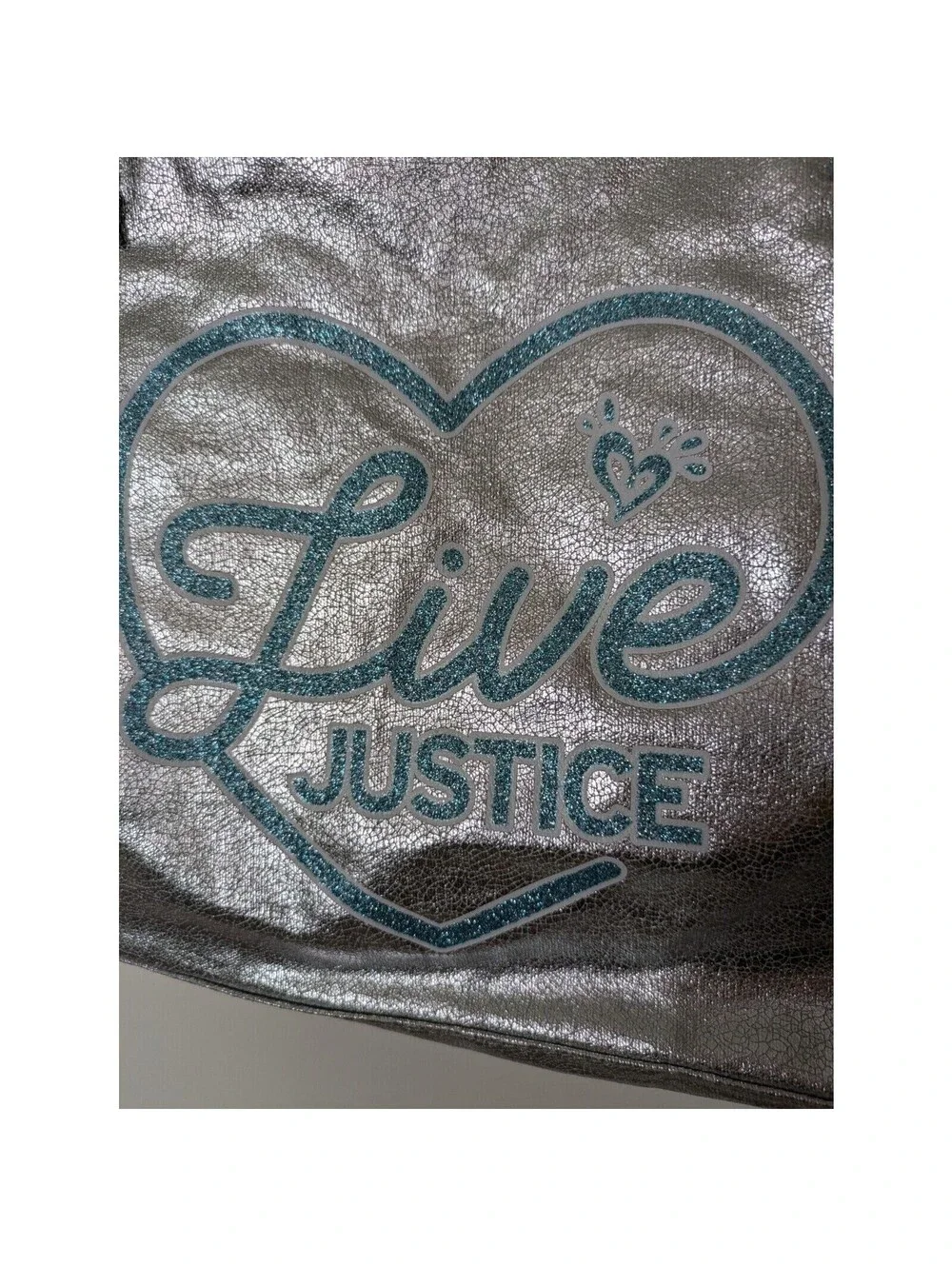 Justice Live Girls Silver Duffel Gym Bag Blue Shiny Sparkly 11x15x6